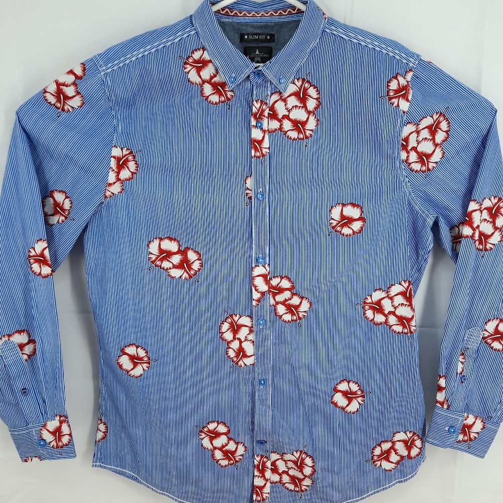 Stars And Stripes Button Shirt Men's XL Slim Fit Long Sleeve Hawaiian Theme